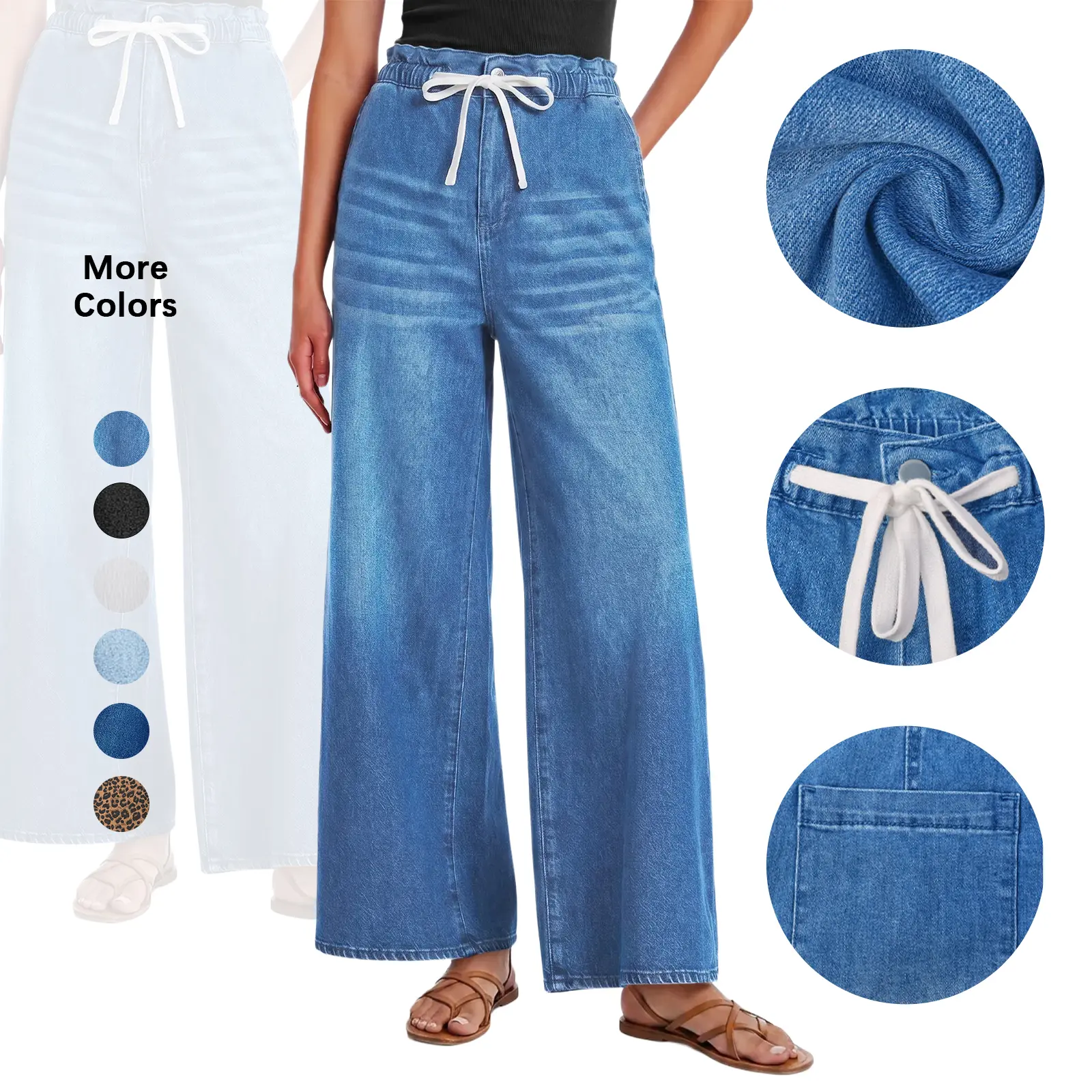Flowyair Women's High Waisted Paperbag Jeans - Stretchy Pull On Wide Leg Denim Pants with Ruffled Waist and Drawstring, Bottom, Pants For Women, Everyday, Valentines Day, Elastane, High Waisted Wide Leg Jeans, Ultra Wide Leg Jeans, Cotton High-Waisted Jea
