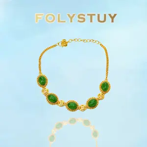 [FOLYSTUY (W160)]8.66 Inch Green Stone Lucky Coin Anklet, Vintage Chinese Style Jewelry Gift