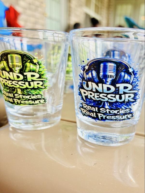 UND R PRESSUR™️ Shot Glass Collection - Premium Clear Glass with UV DTF Print - Real Stories Real Pressure - Perfect for Podcast Fans & Creators - Unique Gifts & Brand Merch - Drinkware, Mugs