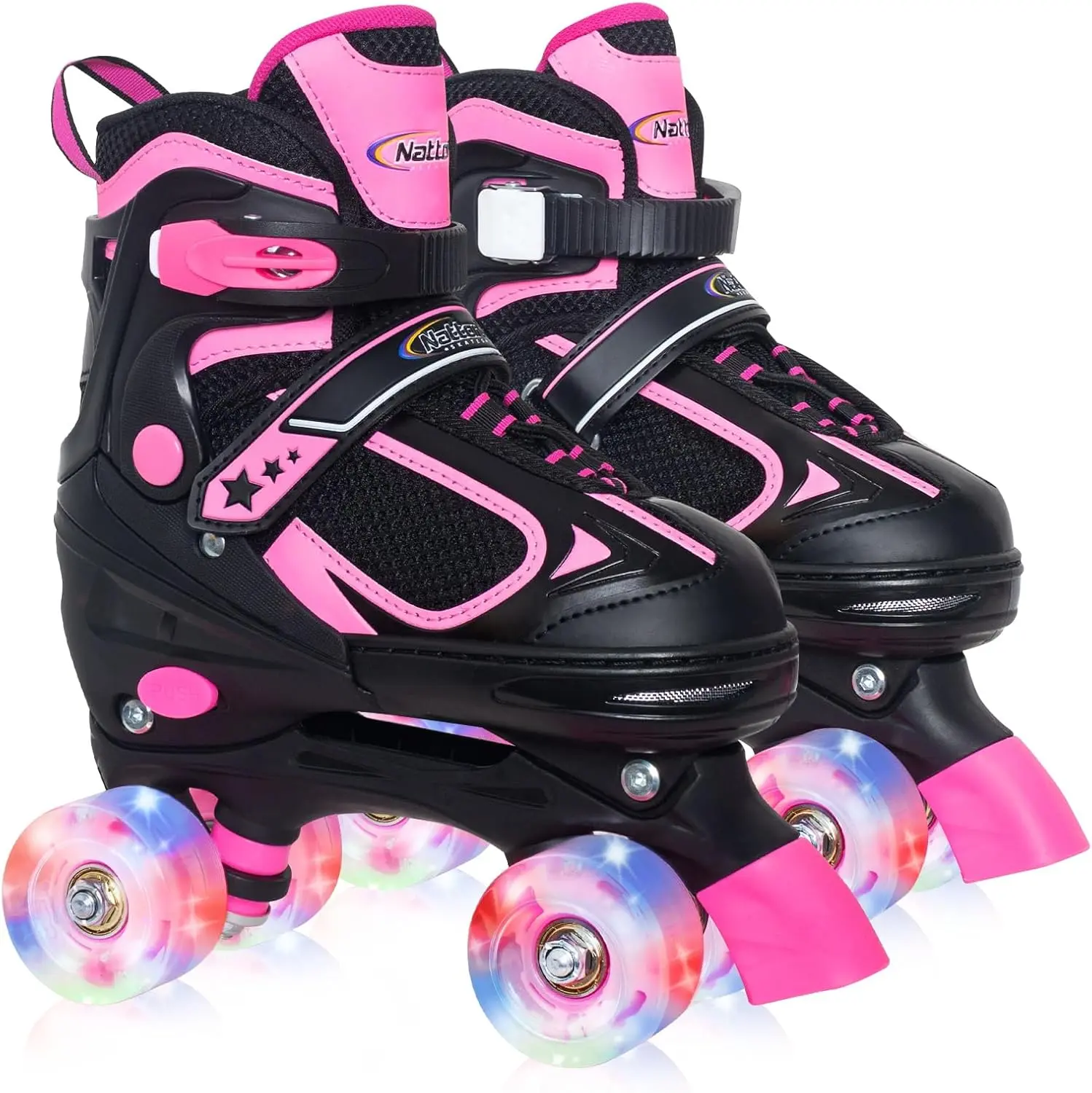 Kids' Roller Skates with 4 Adjustable Sizes - High-Top Quad Skates for Boys & Girls with Light-Up Wheels, ABEC-7 Chrome Steel Bearings & Reinforced Buckle, Indoor/Outdoor, Smooth Gliding, Indoor/Outdoor Sports, Reinforced Nylon Buckle, Battery Powered, Pl