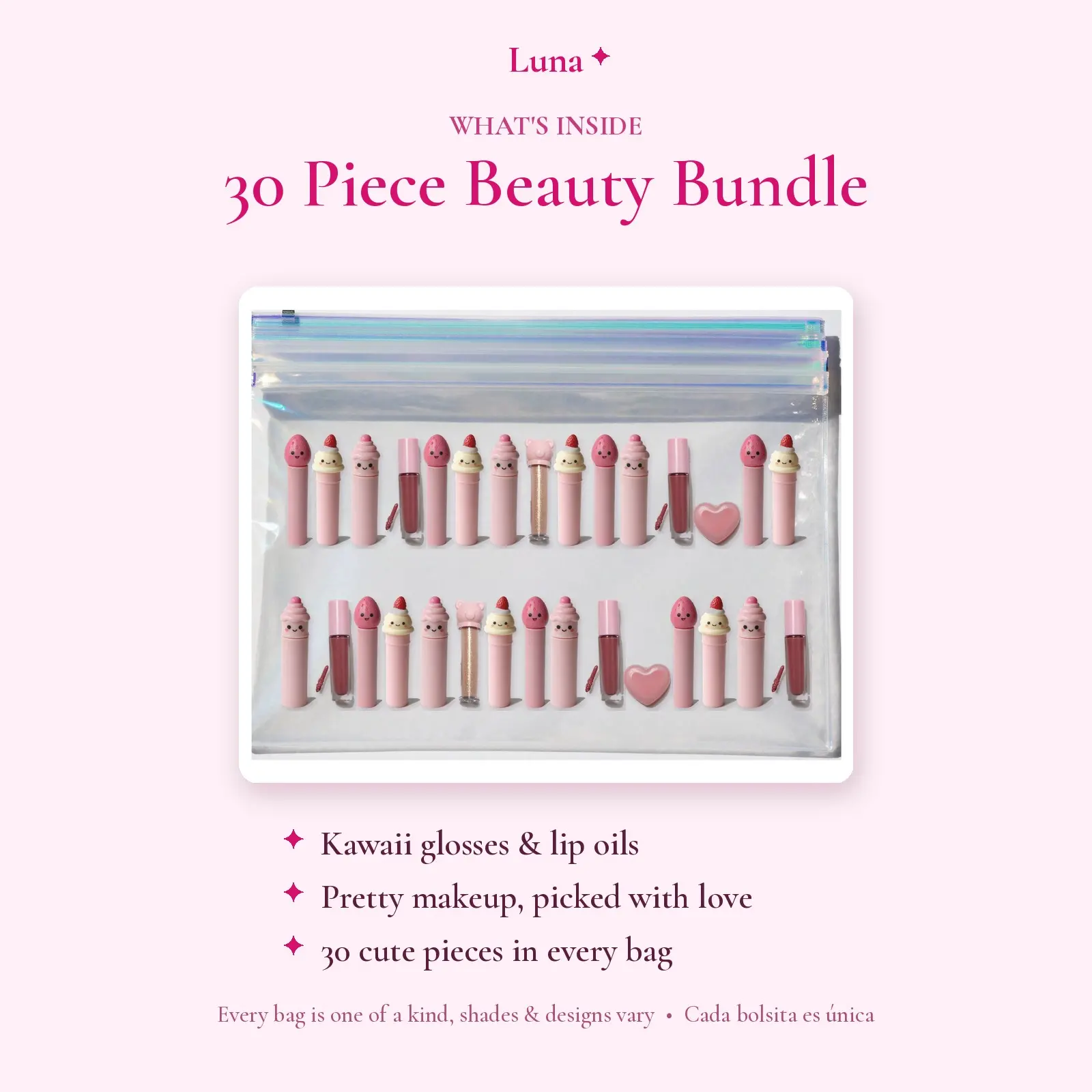 Luna Beauty Pink Haul – 30 Piece Cute Lip Gloss & Makeup Bundle, Kawaii Lip Oil Bulk Gift Set