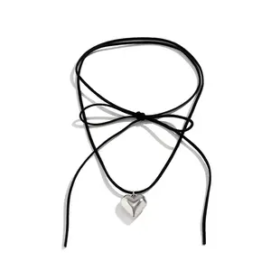 Heart Pendant Necklace Fashion Jewelry Long Velvet Rope Bow Tie Choker