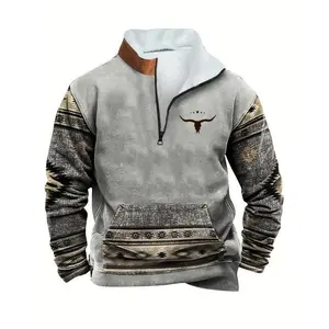Men's Ethnic Pattern Zip Up?Fleece?Hoodie, Casual Regular Fit Long Sleeve Drop Shoulder Sweatshirt for Fall & Winter, Men's Top for Daily Wear Menswear CoatsGIFT4