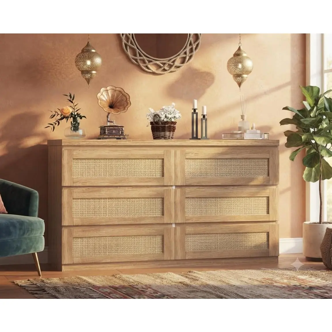 Woven Rattan Oak Wood 6-Drawer Rectangular Chest Drawers - Slim Single Unit Freestanding Storage for Bedroom, Living Room