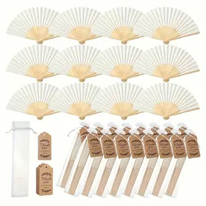 Elegant Portable Folding Fan Set, Includes Thank You Cards and Gift Bags, Bamboo Handheld Fans for Bridesmaids Gifts and Wedding Decorations