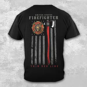 Firefighter Patriotic Flag Axe T-Shirt, Retired Fire Dept Station Apparel, Proud Fireman Gift, Firefighter Axe & Helmet Graphic Tee, Men's Black Short Sleeve Cotton Shirt, Hero First Responder Uniform Tribute Clothing
