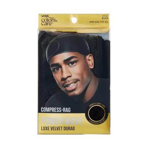 Kiss Colors & Care Compress-Rag Power Wave Luxe Velvet Durag - Black | Wave Cap, One Size, Hair Accessories
