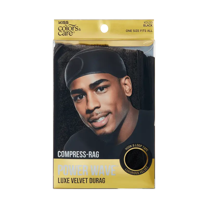 Kiss Colors & Care Compress-Rag Power Wave Luxe Velvet Durag - Black | Wave Cap, One Size, Hair Accessories
