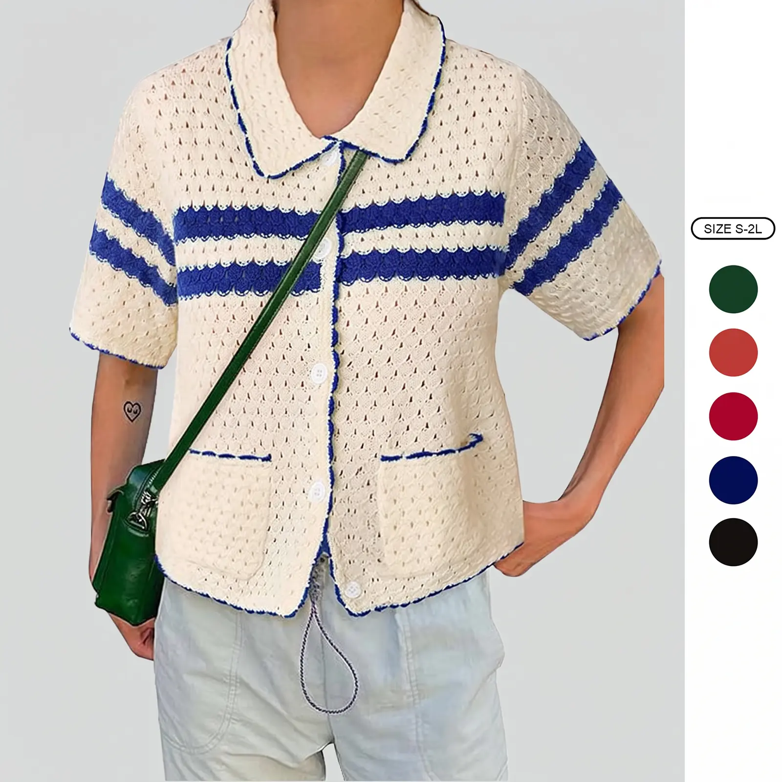 Imily Bela Womens Striped Short Sleeve Sweater Casual Knitted Button Down Crochet Cardigan Vintage Y2k Hollow-Out Tops