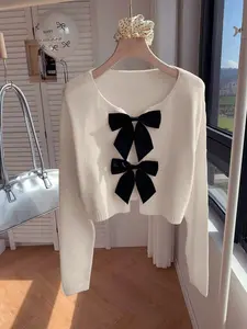 Women's Cute Bow Knit Cardigan Sweater Long Sleeve Open Front Coat, Casual Winter Fashion Pullover for Ladies, Perfect for Fall & Winter Seasons, Womenswear Loose Fit Knitwear Tops, Knitting