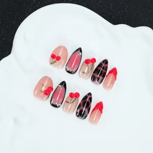 10pcs Handmade Press On Nails - Cherry & Leopard Print Acrylic False Nails, Reusable Y2K Bad Girl Style Nail Kit with Free Nail Tool Kit，Suitable for daily party attire and exquisite gifts for women