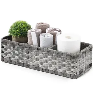 Toilet Tank Topper Paper Basket - Multiuse Hand Woven Plastic Wicker Basket with Divider for Organizing, Rustic Farmhouse Bathroom Decor, Countertop Organizer Storage, Grey