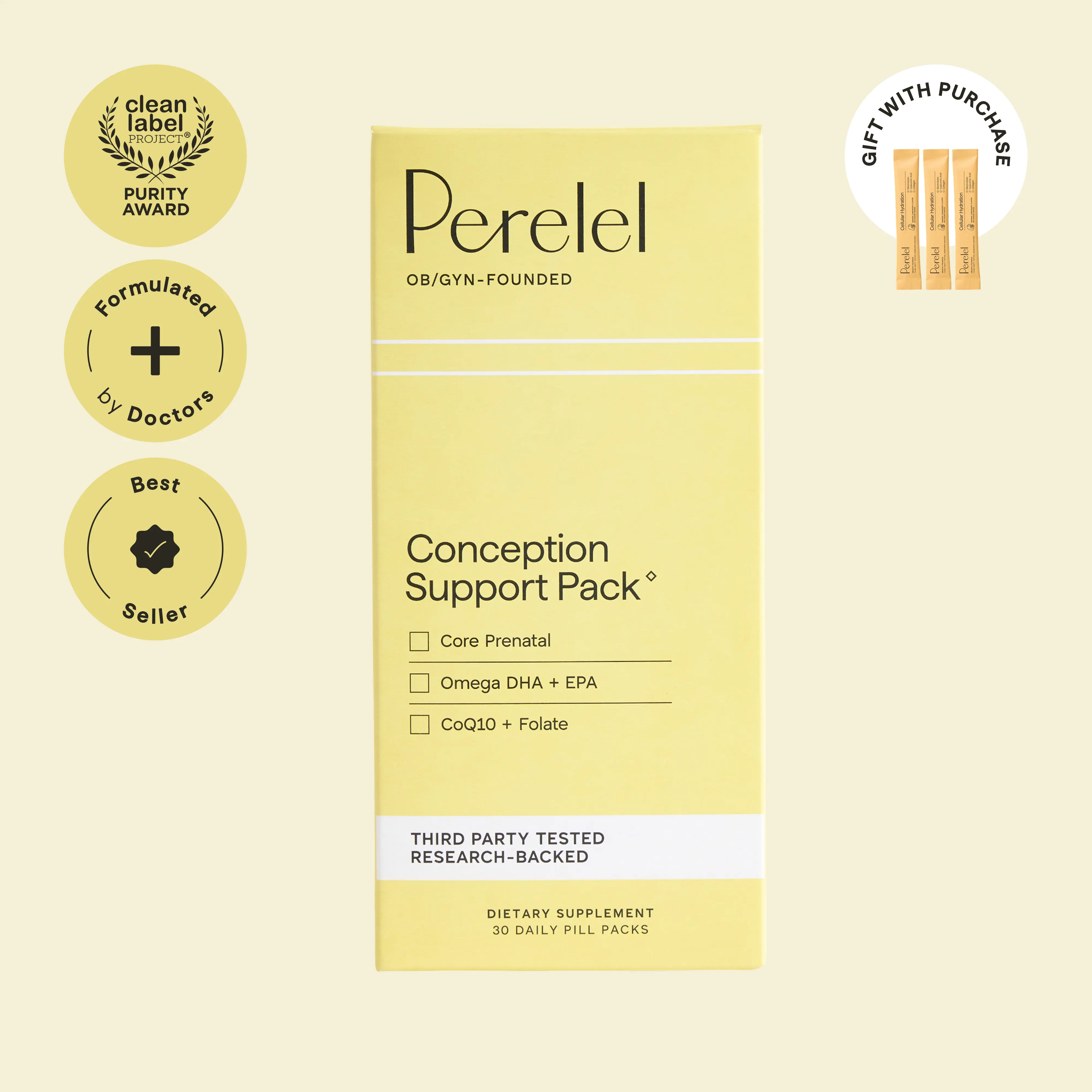 Perelel Conception Support Pack –  Gift with purchase – TTC Fertility Vitamins with CoQ10, Folate & DHA, No Nausea Formula –  Formulated by top fertility doctors – 30 Day Supply