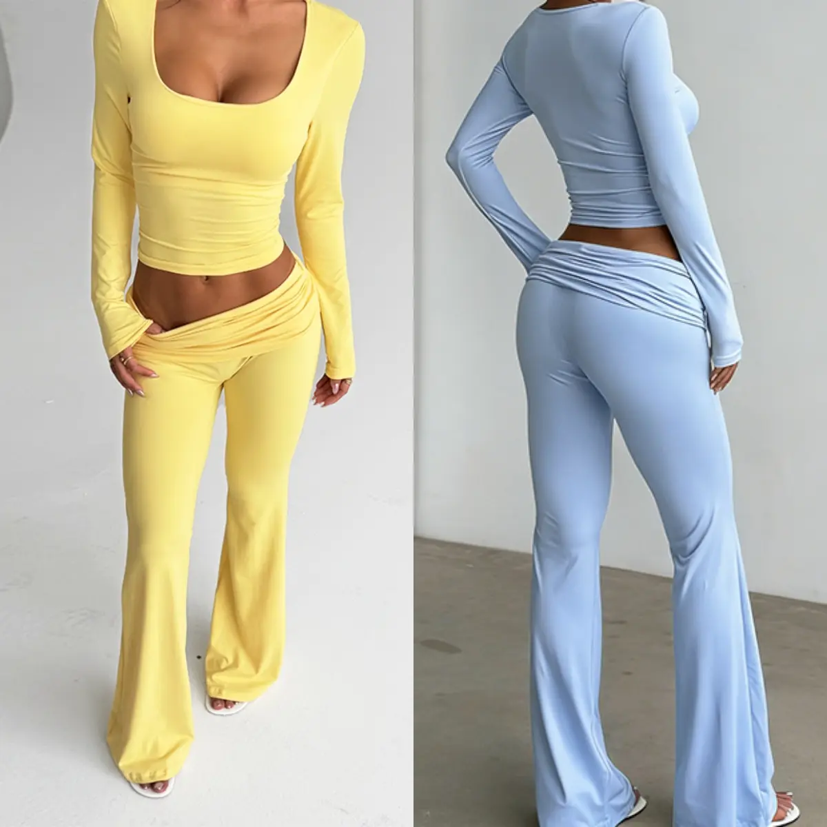 YL24335MHO-Sport Outfit Womens Autumn Long Sleeve Top Pleated Flare Pants Two Piece Set Basic Casual Bodycon Matching Set