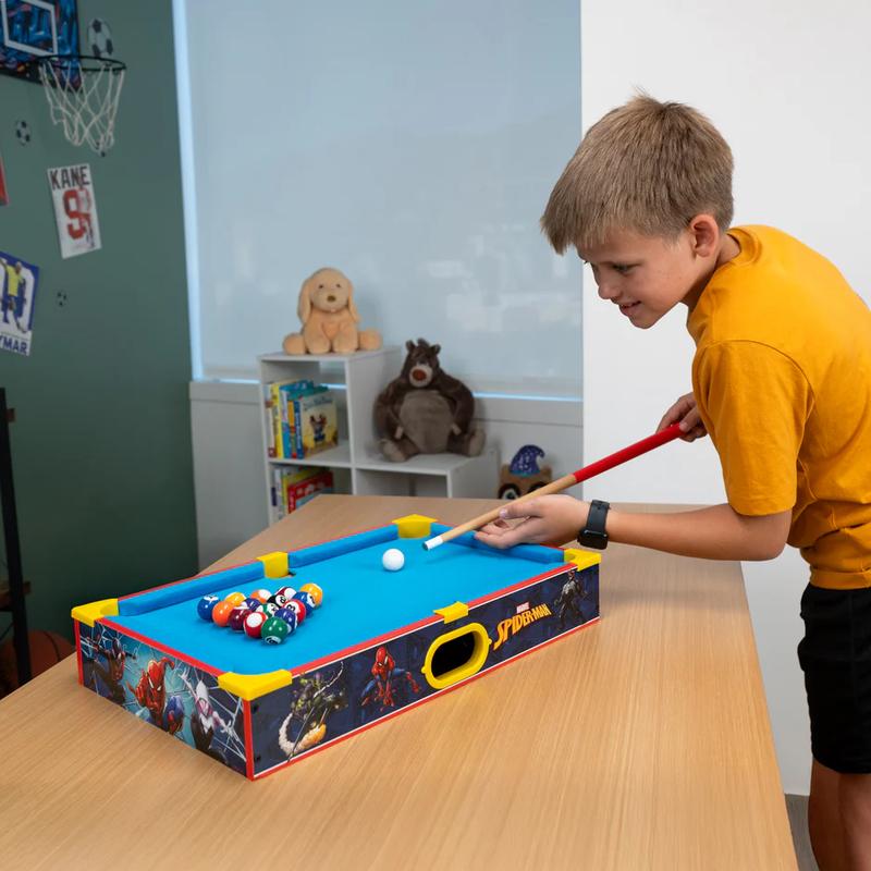 MARVEL Spider-Man Wooden Tabletop Pool Table - Officially Licensed Mini Billiards Set for Kids & Families - Compact & Portable