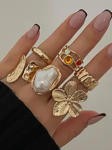 6pcs Vintage Flower Design Cuff Ring, Stackable Rings, Fashionable Jewelry Accessories, Jewelry for Women, Casual Jewelry for Party, Daily Clothing Decor, Vintage Gold Rings, Stacking Ring Set