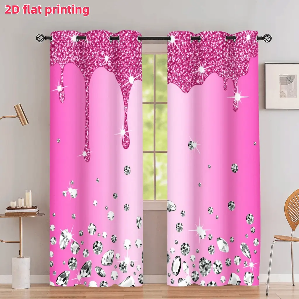 2D Flat 2Pcs Pink Glitter Drip Diamond Print Window Curtain Panels, Sparkly Bling Luxury Style, Metal Grommet Perforated Design, Semi Sunshade, Suitable for Living Room Bedroom Kitchen Study Office Decor, Anti Privacy.