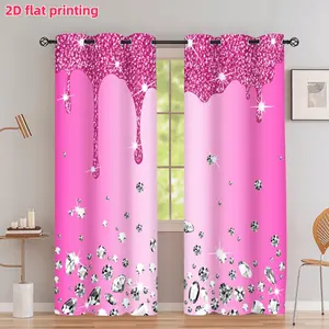 2D Flat 2Pcs Pink Glitter Drip Diamond Print Window Curtain Panels, Sparkly Bling Luxury Style, Metal Grommet Perforated Design, Semi Sunshade, Suitable for Living Room Bedroom Kitchen Study Office Decor, Anti Privacy.