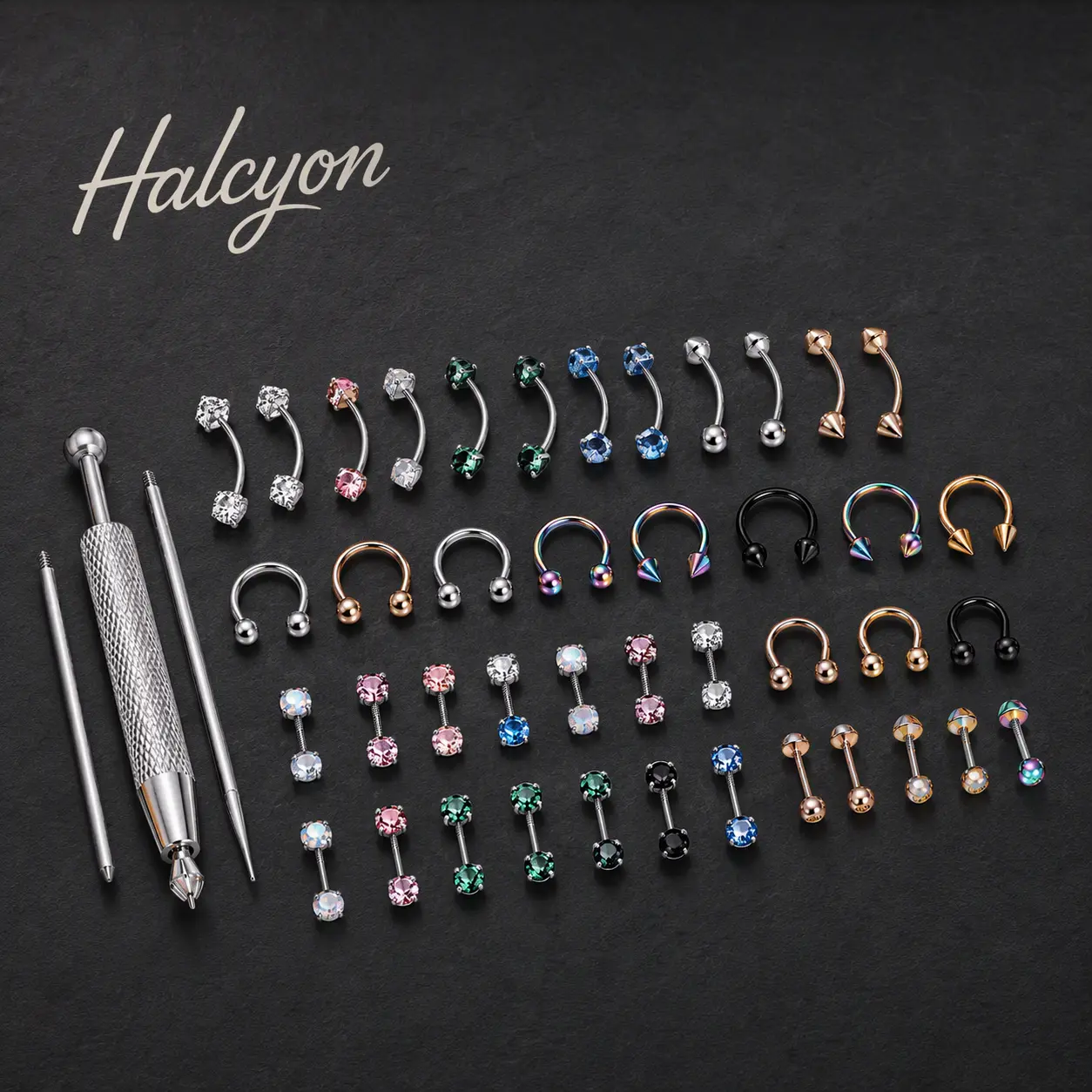 Halcyon 32Pcs Y2K Multicolor CZ Piercing Set, Random Horseshoe & Curved Barbell Hoops, Edgy Body Jewelry for Septum Cartilage Lip, Mix & Match Gift