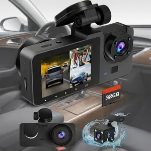 3-Channel Dash Cam Full HD 1080P Triple Lens Car DVR, Front Rear Cabin Camera Wide Angle Night Vision Parking Mode Loop Recording Vehicle Video Recorder
