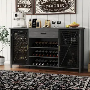 71 Inch Coffee Bar Cabinet with Mini Fridge Space, Farmhouse Liquor Cabinet with 21 Wine Bottle Rack & Large Drawer, Industrial Wine Bar Cabinet for Home, Kitchen & Dining Room