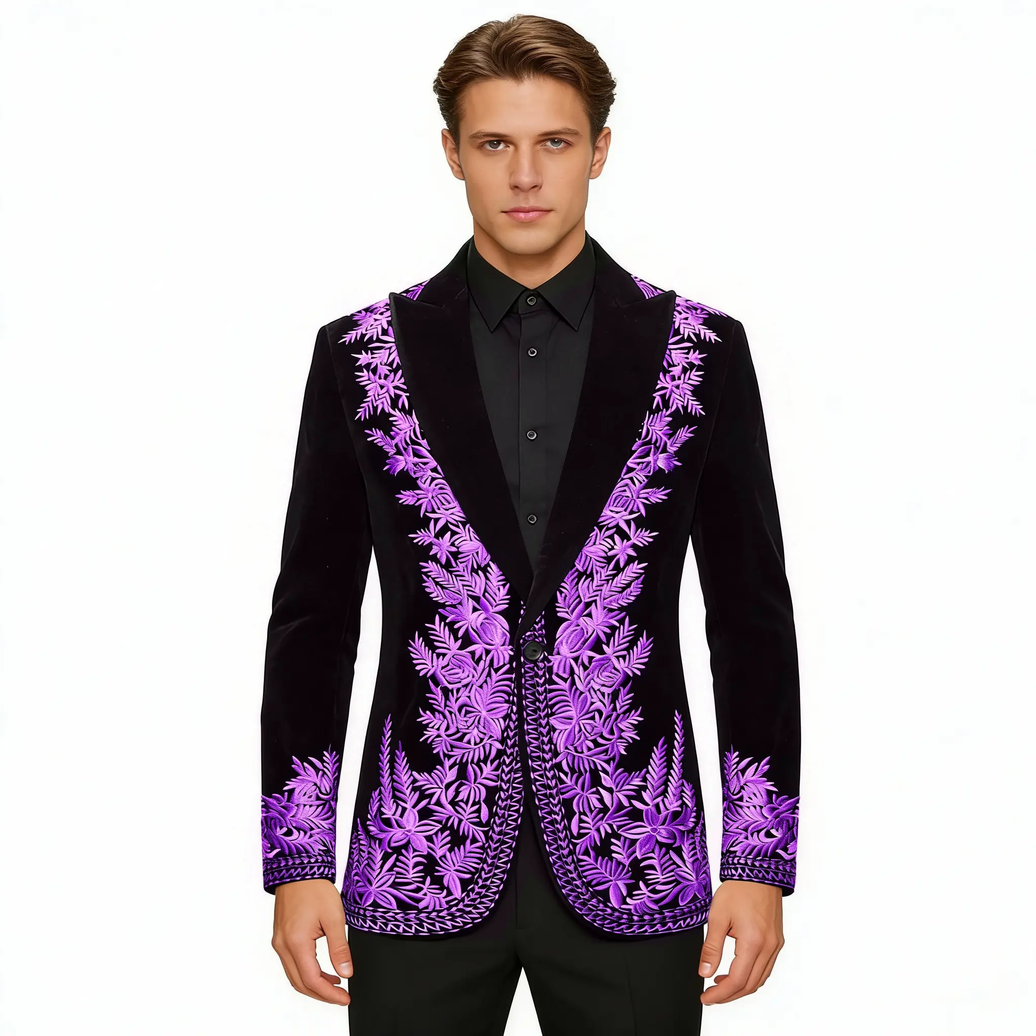Pyiujtr Men's Floral Embroidered Slim Fit One Button Suit Jacket Blazer Peak Lapel for Party Wedding Banquet Prom