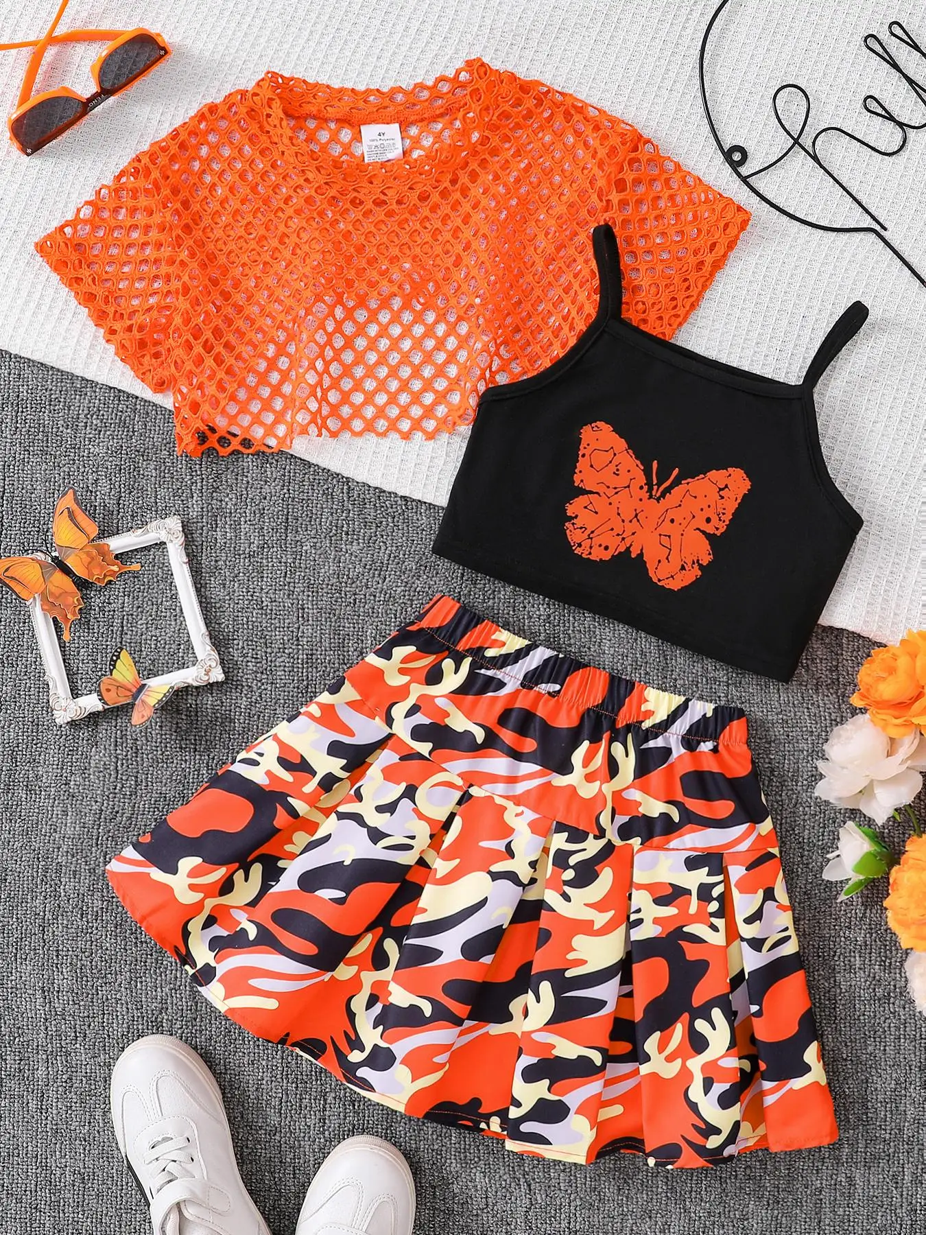 Girl's Butterfly Print Cami Top & Plain Hollow Out Top & Camo Print Skirt Set, Casual Fashion Three-piece Set for Daily Outdoor Wear, Summer Clothes Set, Kids Clothing for Summer, Bratz Skirt Outfit