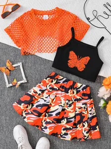 Girl's Butterfly Print Cami Top & Plain Hollow Out Top & Camo Print Skirt Set, Casual Fashion Three-piece Set for Daily Outdoor Wear, Kids Clothing for Summer, Bratz Skirt Outfit