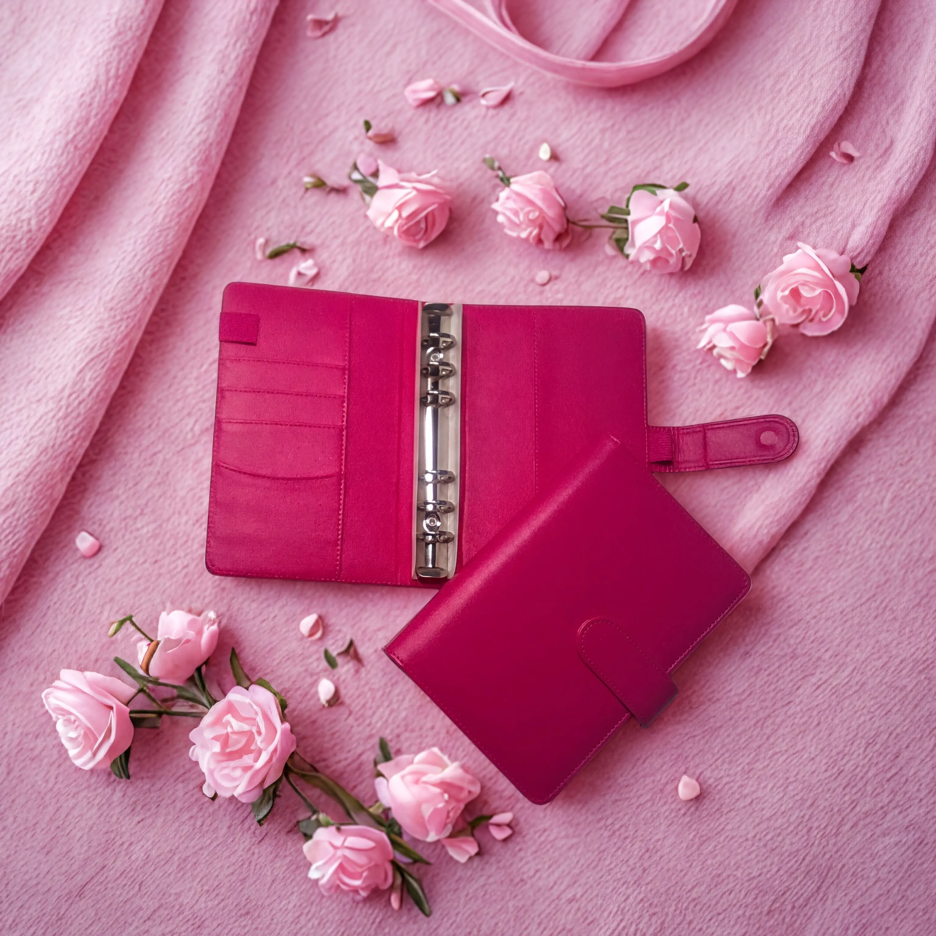 Compact A6 Leather Planner - Rose Red Cover with Pen Holder & Card Pockets