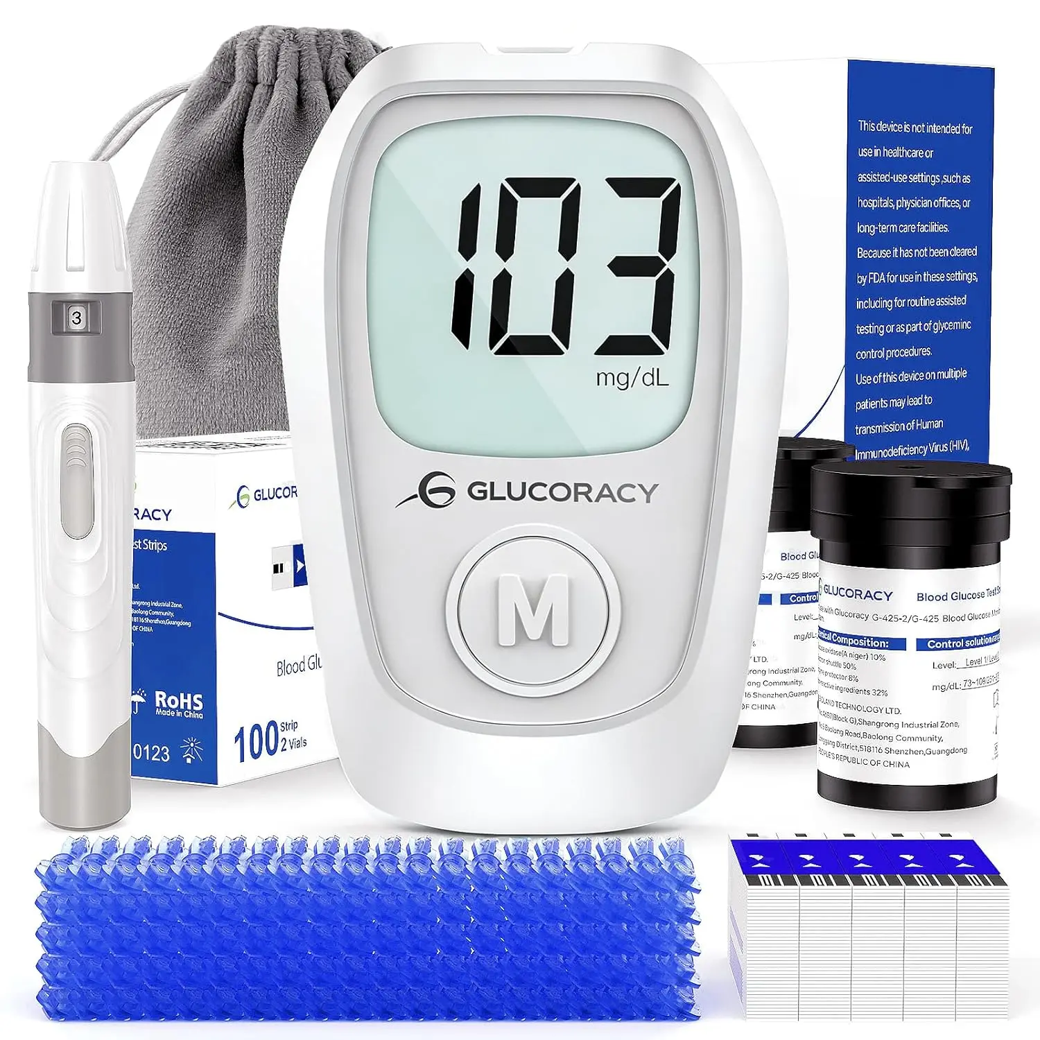 G-425 Glucose Monitor Kit, 100 Blood Glucose Strips, No Coding | Blood Sugar Monitor for Accurate Test, 100 Lancets,1 Lancing Device, Reliable & Portable Blood sugar testing kit for Home Use