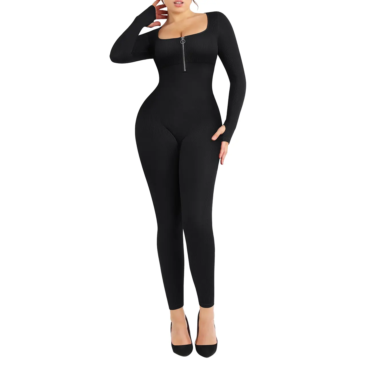 Cosmolle One Piece Sports Jumpsuit for Women Long Sleeve Seamless Zipper Yoga Workout Set Womenswear Comfort Fall Winter Spring zipper jumpsuit
