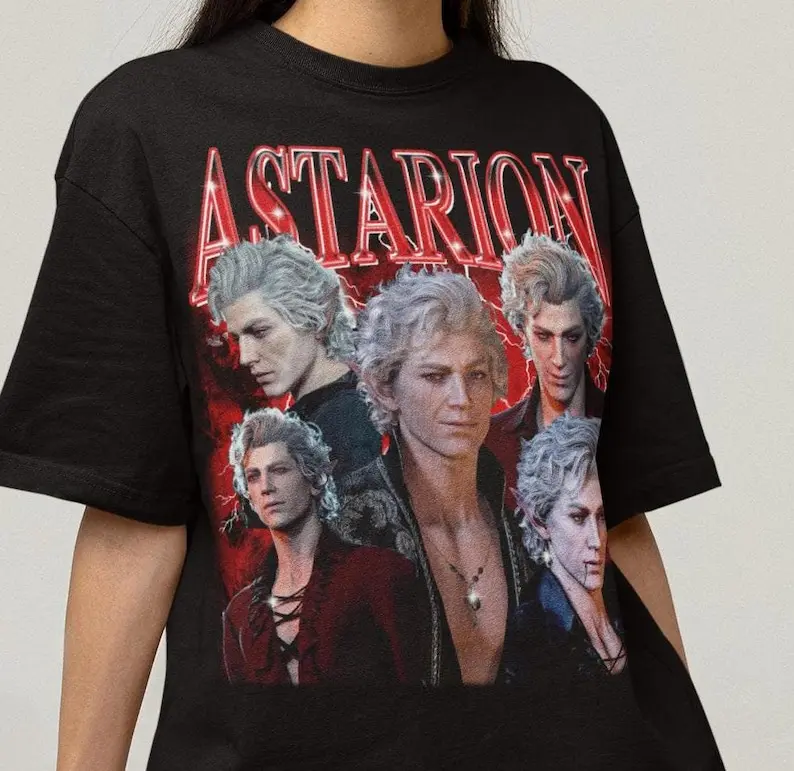 Men's Baldur's Gate 3 Astarion Graphic Baggy Cotton T-Shirt - Classic Menswear, Round Neck, Loose Shortsleeve, Soft Fabric, Unisex Videogame Fan Casual Streetwear Top, 100% Cotton