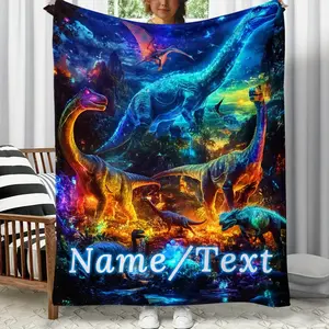 1 Custom Name Dinosaur Print Flannel Blanket - Soft, Warm, Lightweight, Suitable for Sofa, Bed, Travel, Camping, Living Room, Office, Sofa, Chair - Vibrant Dreamy Design with Tear-Resistant Fabric - Perfect for Boys and All Seasons, Dinosaur Room Decorati