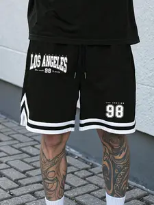 Men's Summer Casual Loose Shorts, Streetwear Sports Shorts, Los Angeles 98 Pattern, Suitable for Sports Fitness, Daily Wear, Trendy Breathable Versatile Five-Quarter Pants