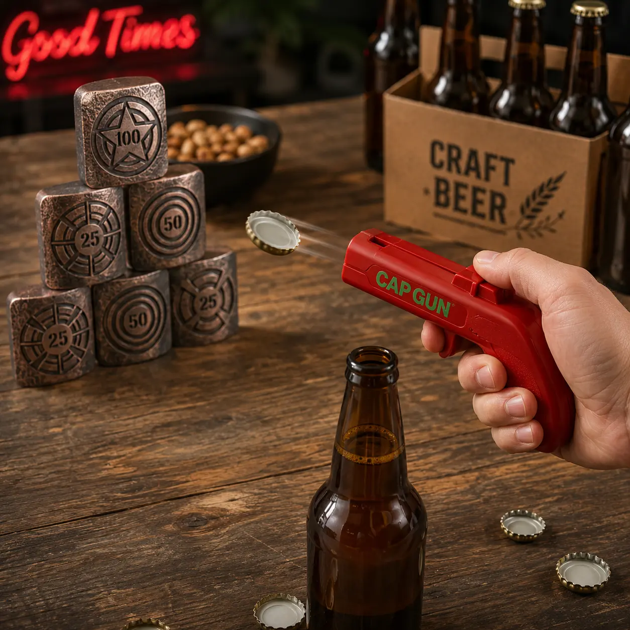 2 Pack Bottle Cap Launcher, Beer Bottle Opener Gun with Spring Mechanism, Fun Bar Gadget for Parties, BBQ and Gifts