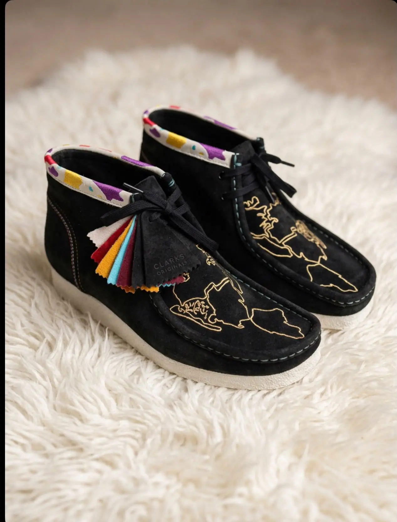 Original Clarks Black Suede Moccasins with Colorful Tassels and Gold Embroidery for Men