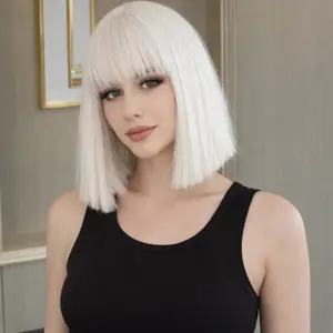 Twicebeauty 12Inch White Bob Wig with Bangs Short Straight White Wigs for Women use Natural Looking Synthetic Wigs for Daily Cosplay Costume party Wig