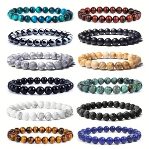 12 Natural Stone Bead Bracelets - 8Mm Gorgeous Semi-Precious Stretch Bead Bracelets for Men And Women - Adjustable