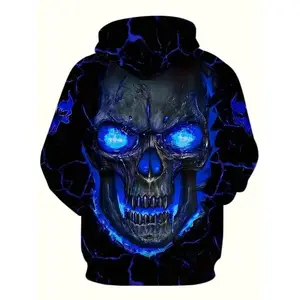Men’s 3D Skeleton Print Hoodie - Casual Pullover with Drawstring & Pockets, Polyester Knit Fabric, Regular Fit for Fall/Winter