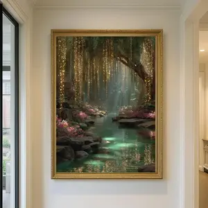 Golden Willow Forest Print, Fairy Light River Wall Art, Enchanted Tree Mystical Green Landscape