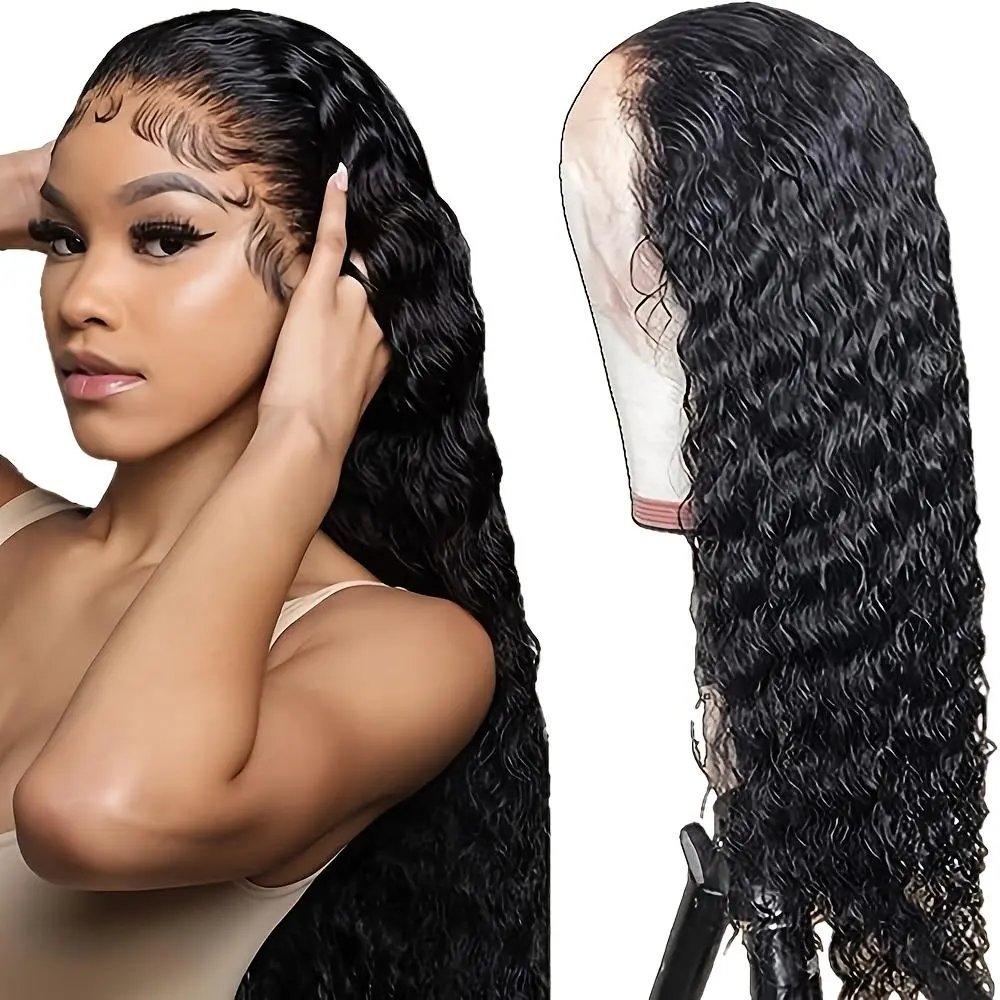 Glueless Long Loose Curly Lace Front Wig - Natural Black, Pre-Plucked 13x4 Free Part, Heat Resistant Synthetic Hair, 24" with Adjustable Straps & Combs for Women