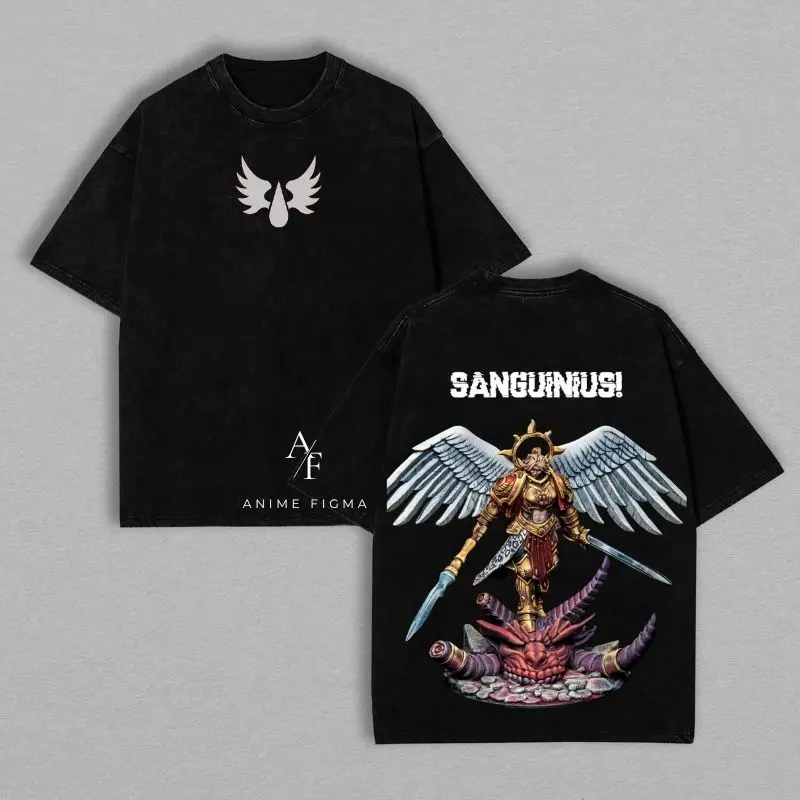 Warhammer “Sanguinius Dualblade Descent” Tee – Oversized Washed Angelcore Shirt | Winged Figma Frontprint × Divine Fury × Fallen Beast Graphic for Fans Who Don’t Just Wear Myth — They Carry the Moment Grace Stopped Forgiving