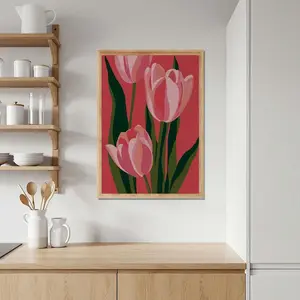 Pink Tulips Wooden Poster, Bold Floral Art Print, Minimalist Garden Design | Unframed E