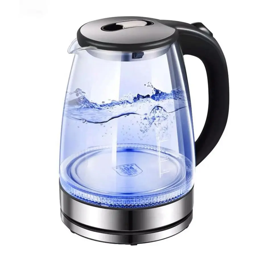 2.0L Automatic Electric Glass Kettle - Black Household Kitchen Appliance with Wide Opening, LED Light, Auto Shut-Off, Boil-Dry Protection, Stainless Steel Parts