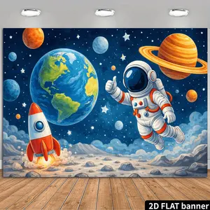 2D Flat Banner Polyester Photography Backdrop, HD Digitally Printed Space Theme Astronaut Earth Rocket Planets Stars Pattern, Soft Lightweight Foldable Background Cloth for Birthday Party Decor, Video Studio, Product Photography,