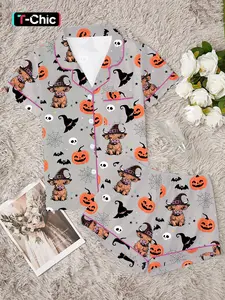 Women's Halloween Pumpkin Bat Print Shirt & Elastic Waist Shorts Set, Cute Animal Pattern, Comfortable Casual Home Wear