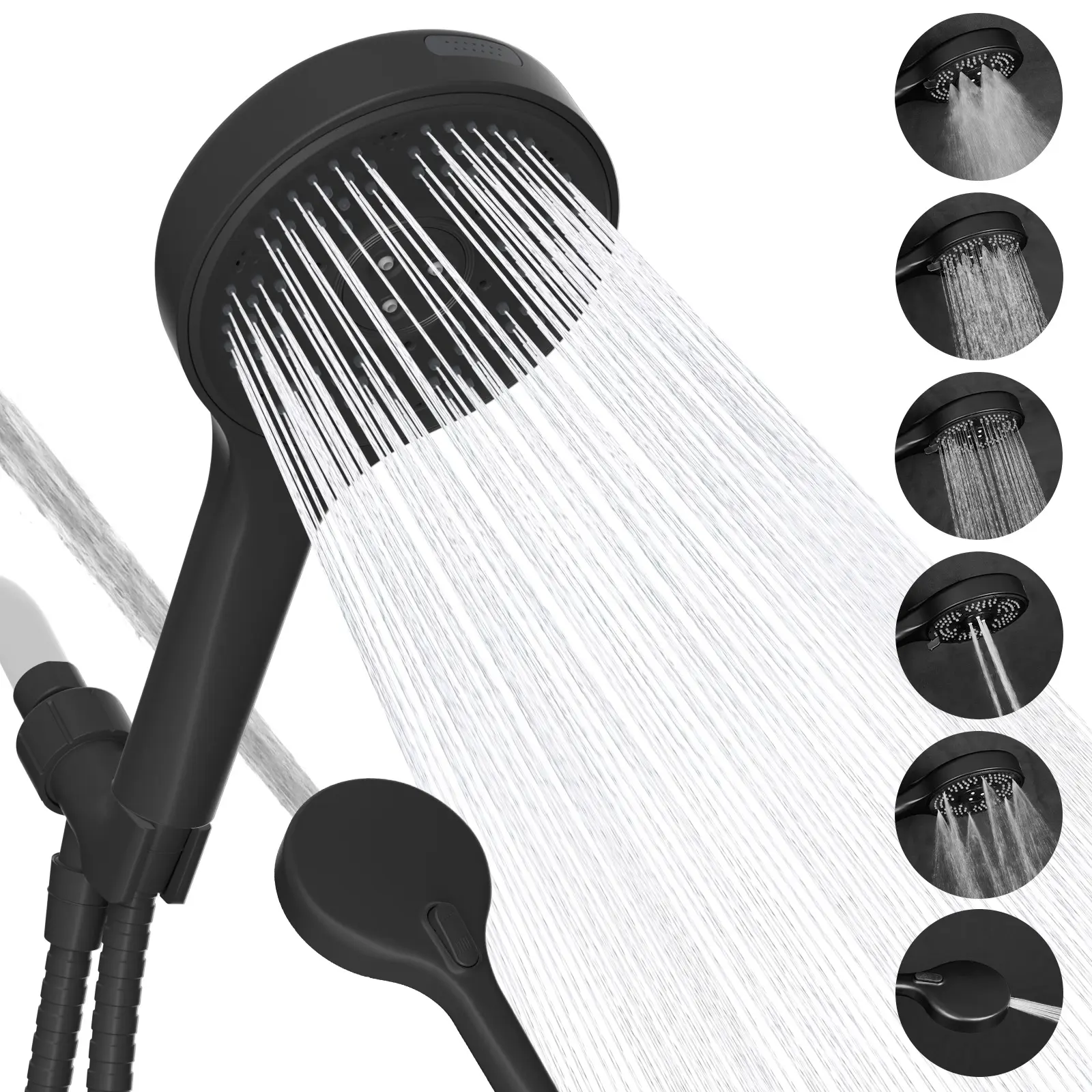 Hibbent High Pressure 6-mode Handheld Shower Head, Anti-clog Nozzles - Built-in Power Wash to Clean Tub, Tile & Pets, Extra Long 5.9 ft. Stainless Steel Hose, Wall Brackets | Stay Clean Nozzles, Dual Power Wash for Tub, Tile & Pets,Matte Black