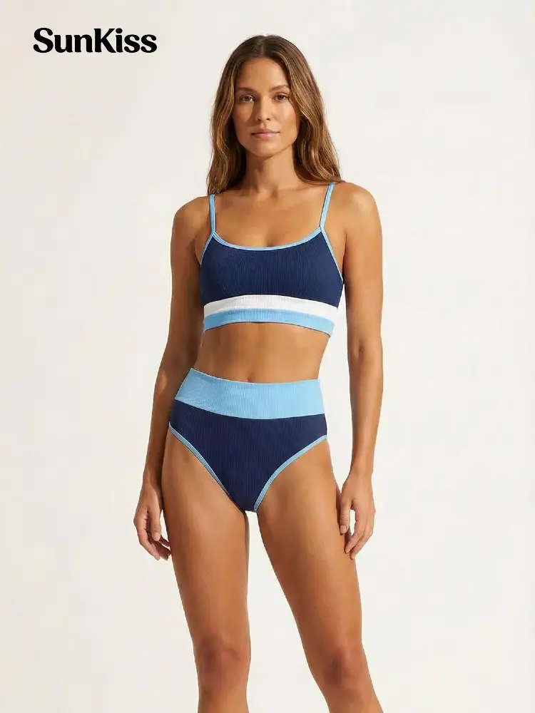 Women's 2-Piece High-Waist SunKiss Bikini - Tie-Side High-Cut Color Block Swimsuits for Summer Beach Resort Wear