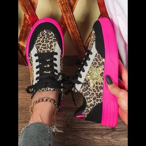 Women's New Fashion Dopamine Sneakers, Panther Print Low Top Skate Shoes, Casual Round Toe Textile Upper, All Seasons Wear