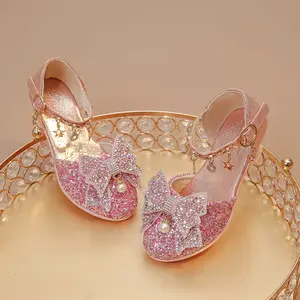 Girls High Heel Wedding Shoes - Glitter Rhinestone Bow Pendants, Bling Sparkling Party Dress Heels for Kids